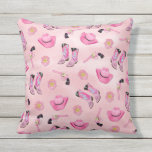 Artsy Cute Girly Pink Blauwgroen Cowgirl Waterverf Buitenkussen<br><div class="desc">Wees een landgezelschap met dit leuke en speelse design! Het is voorzien van een handgetekend en met de hand geschilderd neonroze, bruinroze, munt groen en zwart waterverf cowgirl illustratiepatroon. Deze elementen zijn cowboy petten cowgirl laarzen, revolver en sheriff's badge bovenop een roze waterverf achtergrond. Het is cool, uniek en trendy!...</div>