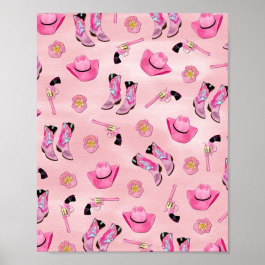 Artsy Cute Girly Pink Blauwgroen Cowgirl Waterverf Poster (Voorkant)