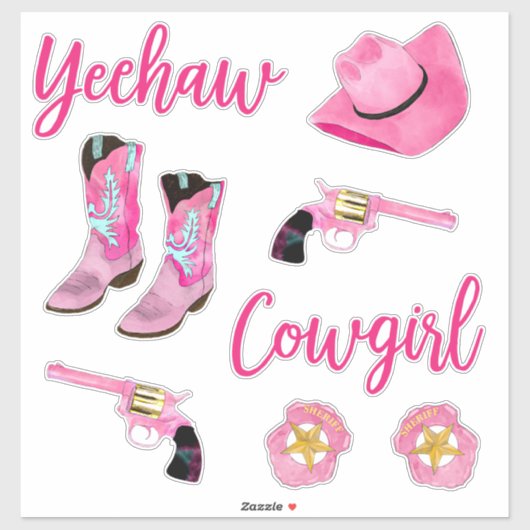 Artsy Cute Girly Pink Blauwgroen Cowgirl Waterverf Sticker (Vel)