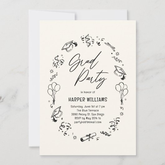 Artsy Doodles bewerkbare kleur Afstuderen uitnodig Kaart (Achterkant)