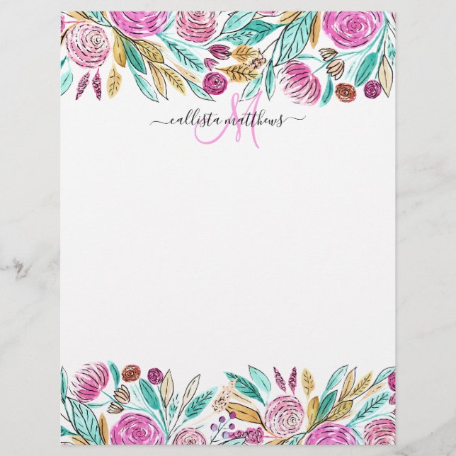 Artsy Elegant Pink Blauwgroen Florence Monogram Wa Briefhoofd (Voorkant)