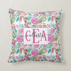 Artsy Elegant Pink Blauwgroen Florence Monogram Wa Kussen