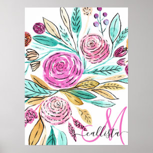 Artsy Elegant Pink Blauwgroen Florence Monogram Wa Poster