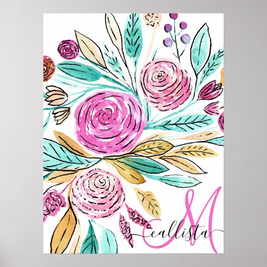 Artsy Elegant Pink Blauwgroen Florence Monogram Wa Poster (Voorkant)