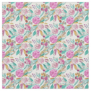 Artsy Elegant Roze Blauwgroen Bloemen Waterverf Pa Stof