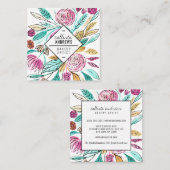 Artsy Elegant Roze Blauwgroen Floral Waterverf Mak Vierkante Visitekaartje (Voorkant / Achterkant)