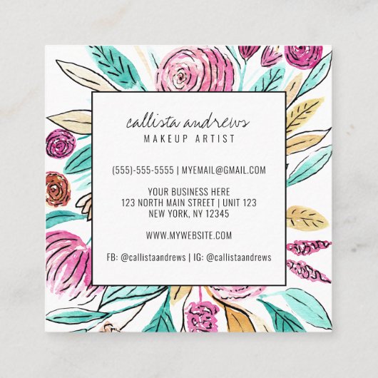 Artsy Elegant Roze Blauwgroen Floral Waterverf Mak Vierkante Visitekaartje (Achterkant)