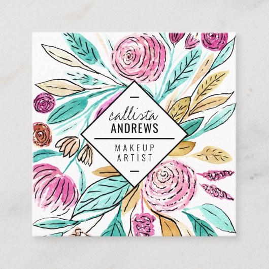 Artsy Elegant Roze Blauwgroen Floral Waterverf Mak Vierkante Visitekaartje (Voorkant)