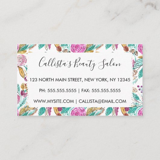 Artsy Elegante Roze Blauwgroen Bloemen Waterverf Klantenkaartje (Achterkant)