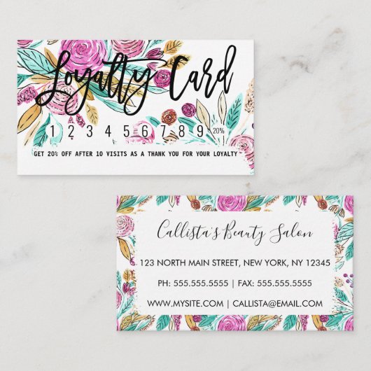 Artsy Elegante Roze Blauwgroen Bloemen Waterverf Klantenkaartje (Voorkant / Achterkant)