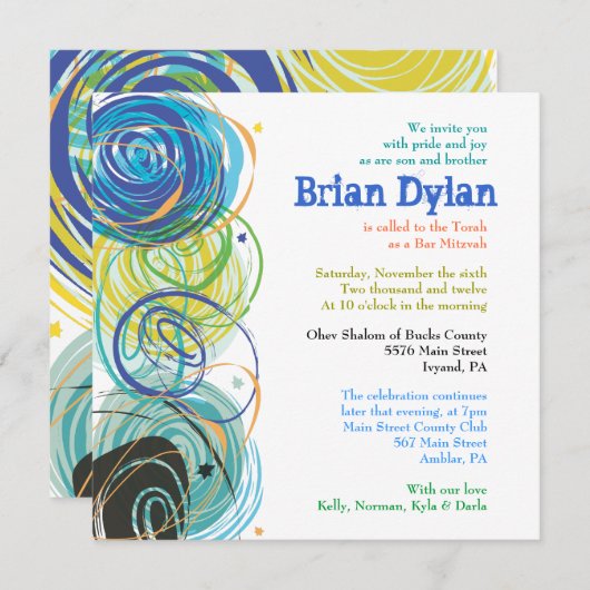 ARTSY FARTSY Bar Bat Mitswa Uitnodiging (Voorkant / Achterkant)