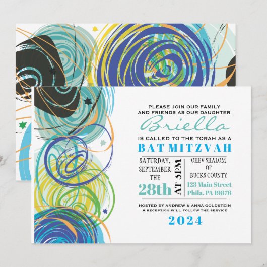 ARTSY FARTSY Bar Bat Mitzvah Party Kaart (Voorkant / Achterkant)