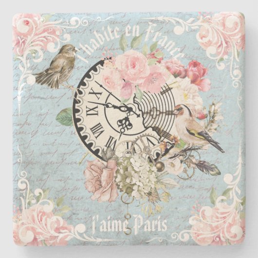 Artsy Franse stijl  Ephemera botanisch blauw Stenen Onderzetter (Voorkant)