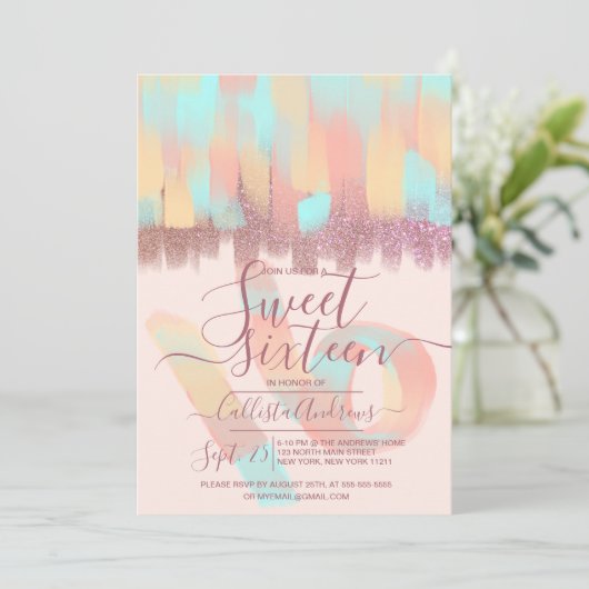 Artsy Girly Blauwgroen Roze Glitter Brushstroke Sw Kaart (Staand voorkant)