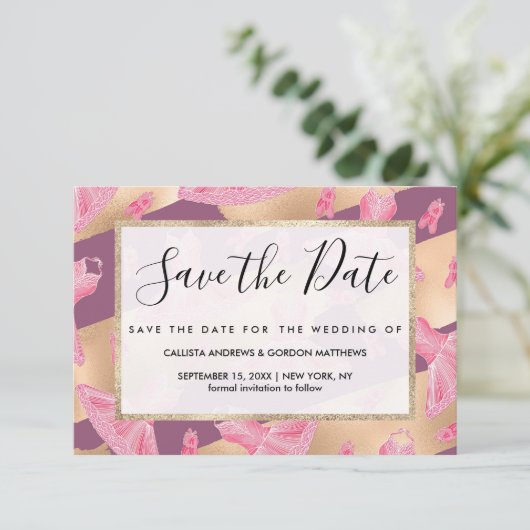 Artsy Girly Pink Gold Paars Ballerina Dress Shoes Save The Date (Staand voorkant)