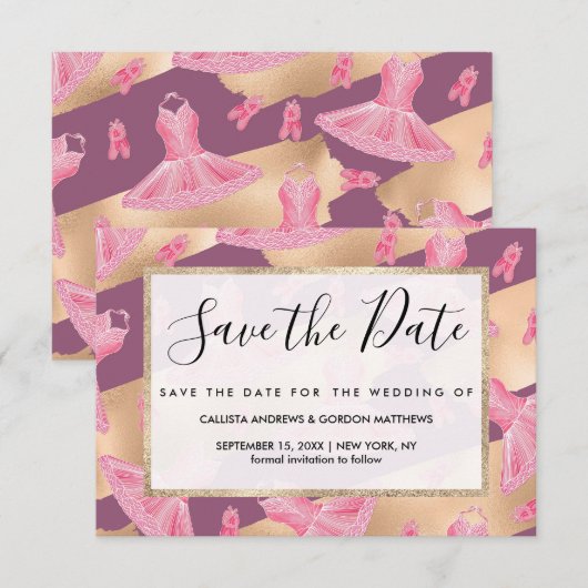 Artsy Girly Pink Gold Paars Ballerina Dress Shoes Save The Date (Voorkant / Achterkant)