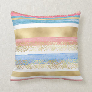 Artsy Girly Roze Goud Blauw Abstracte Strepen Kussen