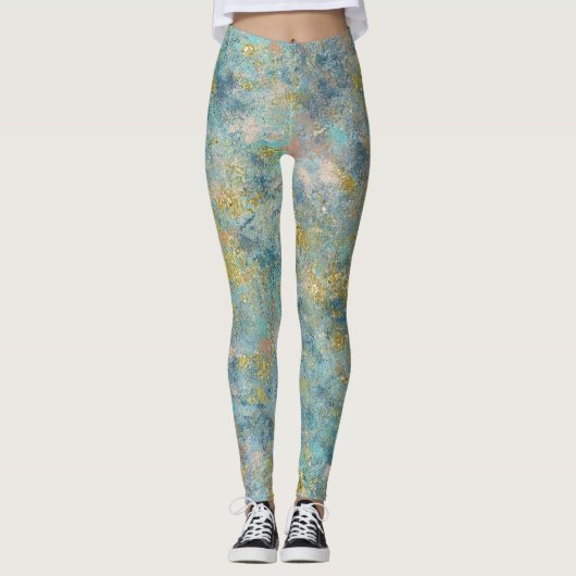 Artsy Groen Blauw Goud Abstract Leggings (Voorkant)