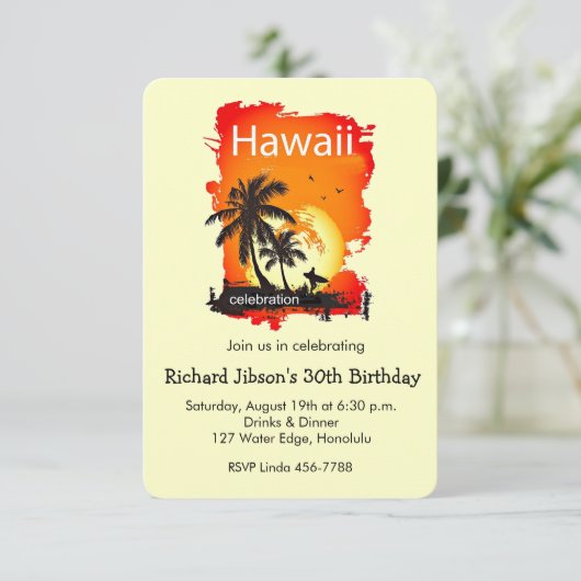 Artsy Hawaii Strand Sunset Feest Uitnodiging (Staand voorkant)