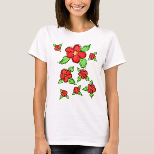 Artsy Helder Rood Bloemen T-shirt (Voorkant)