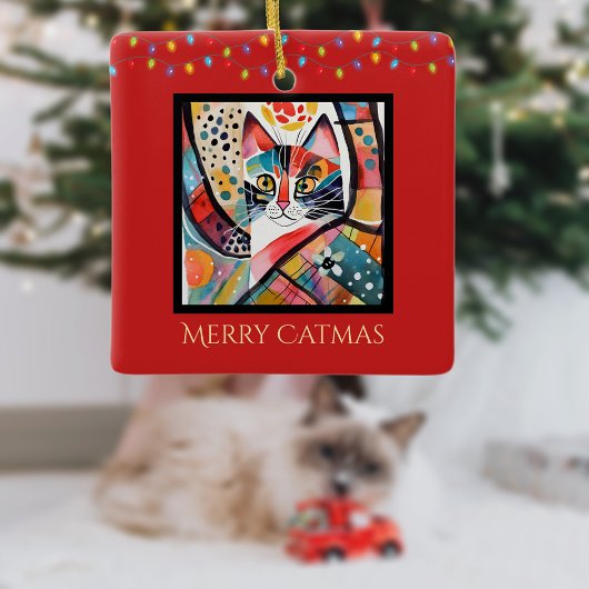 Artsy Kat met Kerstverlichting Vrolijk Catmas Rood Keramisch Ornament