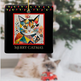 Artsy Kat met Kerstverlichting Vrolijk Catmas Zwar Keramisch Ornament