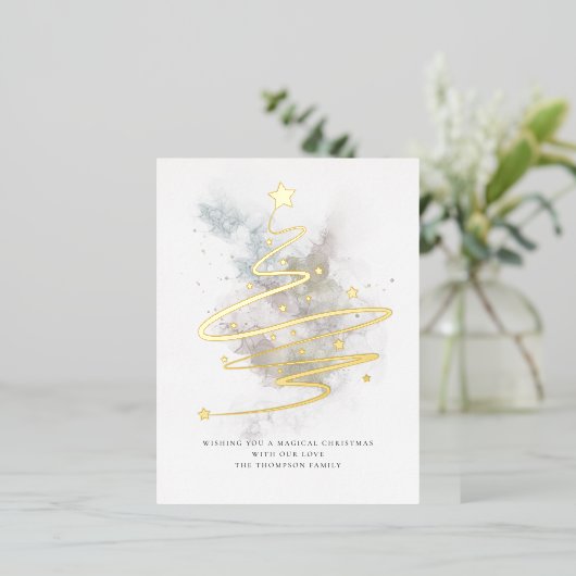 Artsy kerstboom Winter Waterverf Echt Folie Feestdagen Briefkaart (Staand Voorkant)