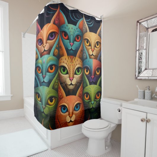 Artsy Kleurrijke Kat Familie 2 Selfie Mode Douchegordijn (In situ)