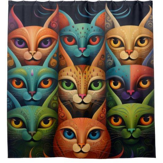 Artsy Kleurrijke Kat Familie 2 Selfie Mode Douchegordijn (Voorkant)