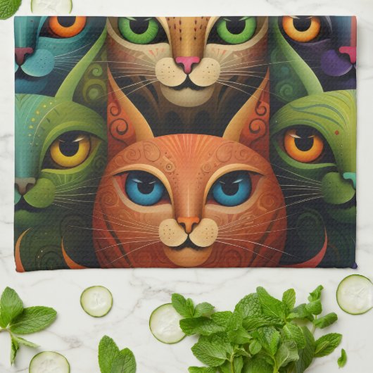 Artsy Kleurrijke Kat Familie 2 Selfie Mode Theedoek (Gevouwen)