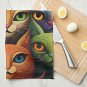 Artsy Kleurrijke Kat Familie 2 Selfie Mode Theedoek (Quarter Fold)