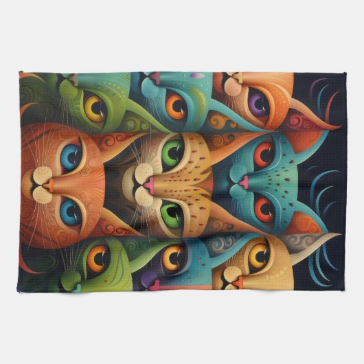 Artsy Kleurrijke Kat Familie 2 Selfie Mode Theedoek (Horizontaal)