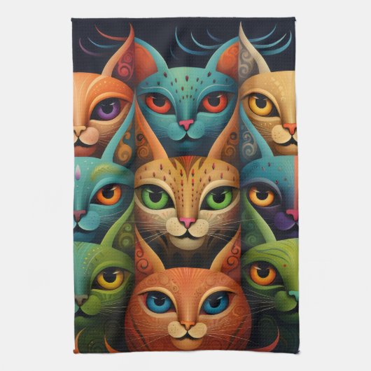 Artsy Kleurrijke Kat Familie 2 Selfie Mode Theedoek (Verticaal)