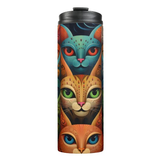 Artsy Kleurrijke Kat Familie 2 Selfie Mode Thermosbeker (Voorkant)