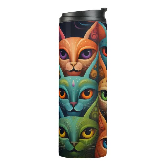 Artsy Kleurrijke Kat Familie 2 Selfie Mode Thermosbeker (Gedraaid links)
