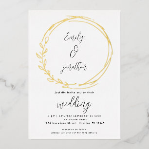 Artsy laurierblad frame script bruiloft echt folie uitnodiging