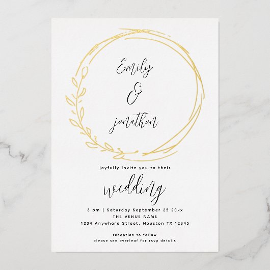 Artsy laurierblad frame script bruiloft echt folie uitnodiging (Voorkant)