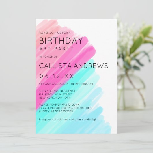 Artsy minimalistische roze Aqua Waterverf Art Birt Kaart (Staand voorkant)