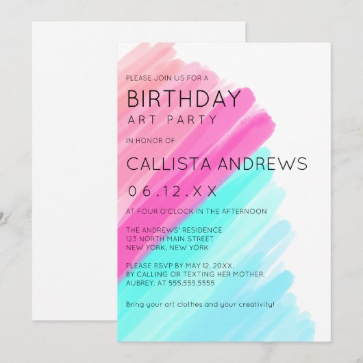 Artsy minimalistische roze Aqua Waterverf Art Birt Kaart (Voorkant / Achterkant)