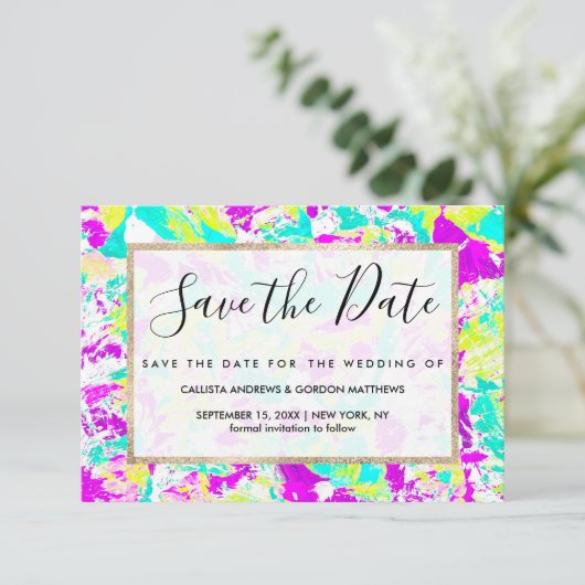 Artsy Modern Abstract Neon Acrylverf Splatter Save The Date (Staand voorkant)