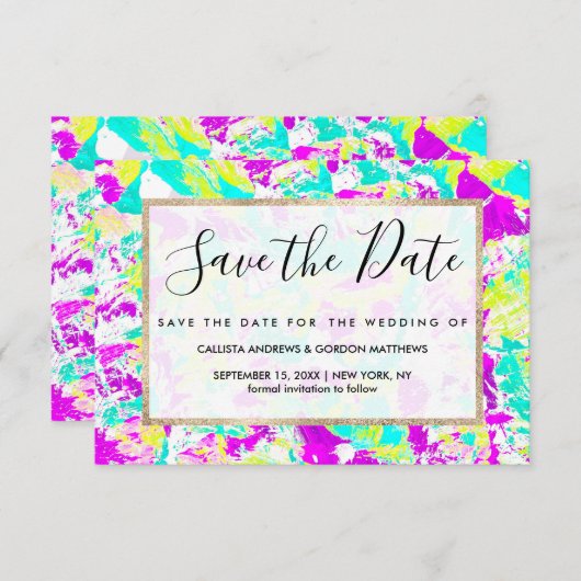 Artsy Modern Abstract Neon Acrylverf Splatter Save The Date (Voorkant / Achterkant)