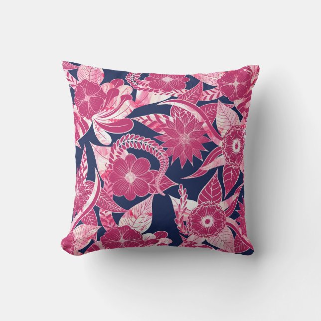 Artsy Modern Fuschia Navy Acryl Floral Leaves Buitenkussen (Voorkant)