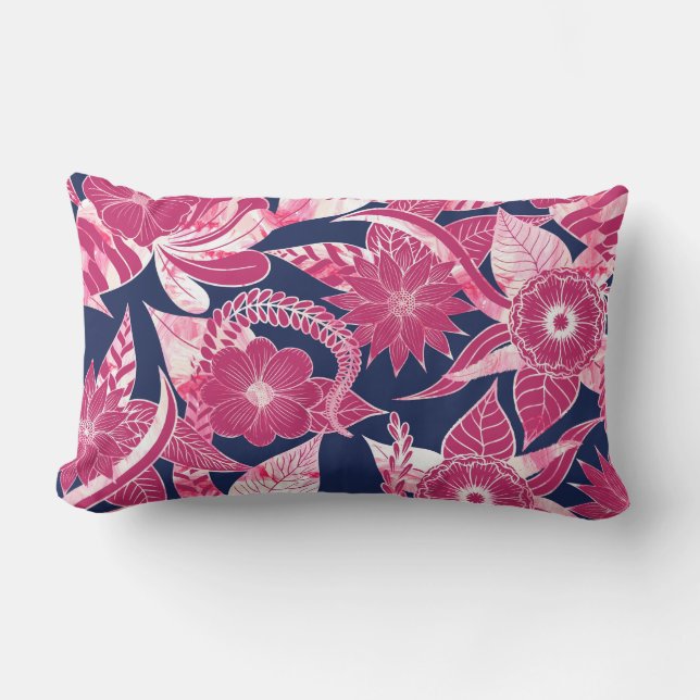 Artsy Modern Fuschia Navy Acryl Floral Leaves Buitenkussen (Voorkant)