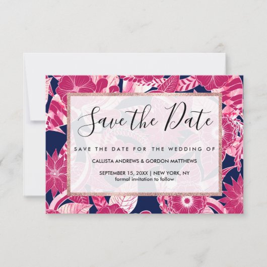 Artsy Modern Fuschia Navy Acryl Floral Leaves Save The Date (Voorkant)
