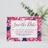 Artsy Modern Fuschia Navy Acryl Floral Leaves Save The Date (Staand voorkant)