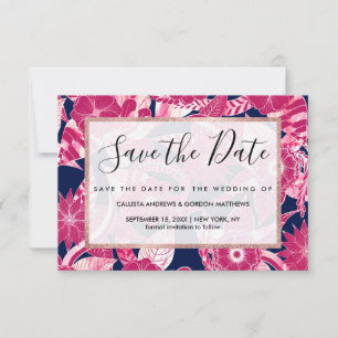 Artsy Modern Fuschia Navy Acryl Floral Leaves Save The Date
