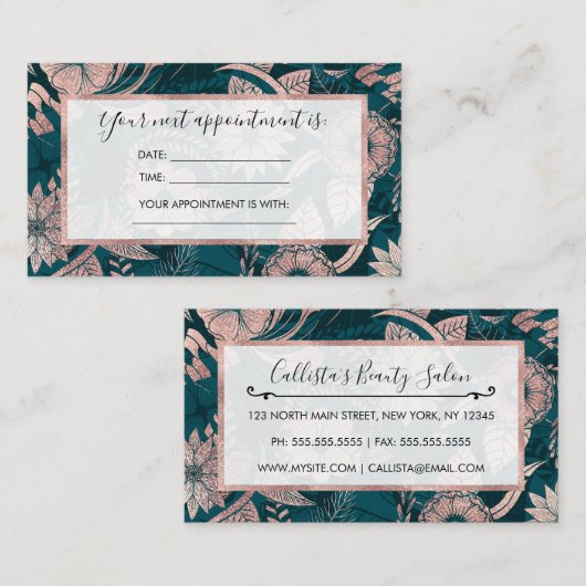 Artsy Modern Roos Gold Emerald Green Flowers Afsprakenkaartje (Voorkant / Achterkant)