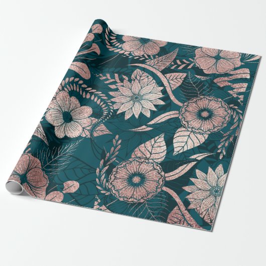 Artsy Modern Roos Gold Emerald Green Flowers Cadeaupapier (Uitgerold)