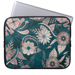 Artsy Modern Roos Gold Emerald Green Flowers Laptop Sleeve
