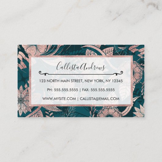 Artsy Modern Roos Gold Emerald Green Flowers Visitekaartje (Achterkant)